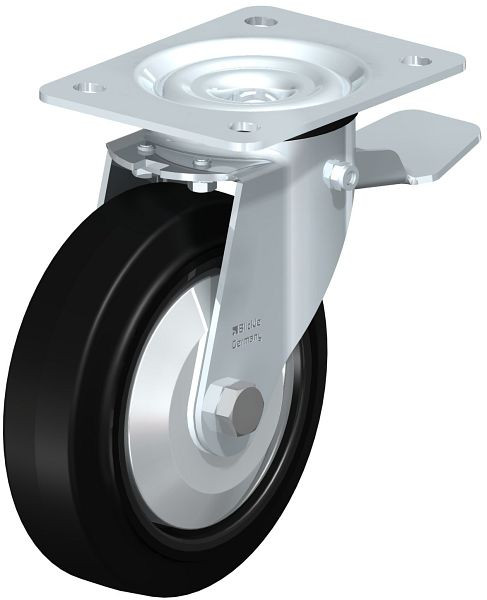 Blickle LE-POEV 160XKA-ST-FA Stahlblech-Lenkrolle mit Anschraubplatte & Feststeller, Elastik-Vollgummi, Schwarz, 850222