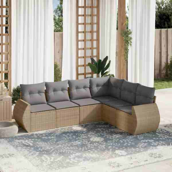 vidaXL 6-tlg. Garten-Sofagarnitur mit Kissen Beige Poly Rattan, UV-beständig, 3221408