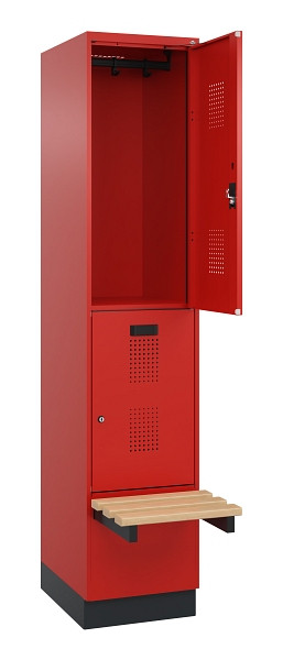 C+P Doppelstock-Spind Evolo PLUS, Bank, 2 Fächer, 1950x400x815mm, 3020/3020, Zylinderschloss, Sitzfläche Buche-Hartholz, mit Sockel, 049340-12 S10052