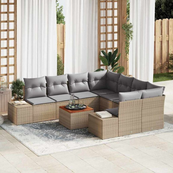 vidaXL Garten-Sofa-Set mit Kissen, 9er Set, Beige Poly Rattan, 3347938