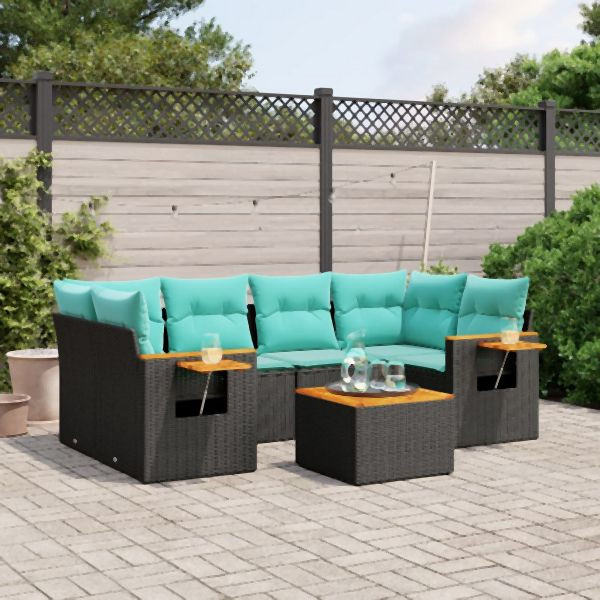vidaXL 7-teilig Garten-Sofagarnitur mit Kissen Schwarz Poly Rattan, 3226638