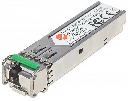 INTELLINET Gigabit SFP Mini-GBIC Transceiver WDM bidirektional für LWL-Kabel, 1000Base-LX (LC) Singlemode-Port, 10 km, WDM (RX1310/TX1550), 507486