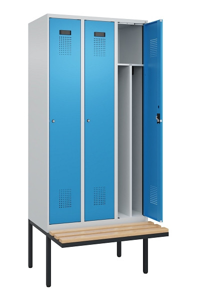 C+P Spind Evolo PLUS, 3 Abteile, 2120x900x815mm, 7035/5012, Haken 4, Zylinderschloss, Sitzfläche Holz, 0490407-30F S10034