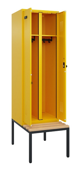 C+P Schwarz-Weiß-Spind Evolo PLUS, Bank, 2 Abteile, 2120x600x815mm, 1023/1023, Drehriegel, Sitzfläche Buche-Hartholz, Sitzbank, 0490527-20 S10022