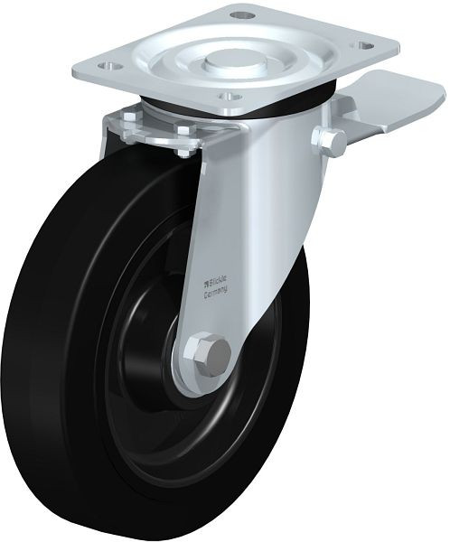 Blickle L-POEV 200K-ST Stahlblech-Lenkrolle, mittelschwere Ausführung, mit Anschraubplatte & Feststeller, Elastik-Vollgummi, Schwarz, 50831
