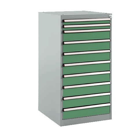 Manuflex Schubfachschrank BASETEC Stationär, Nutzhöhe 900 mm mit 10 Schubfächern, in resedagrün RAL 6011, SP1118.6011