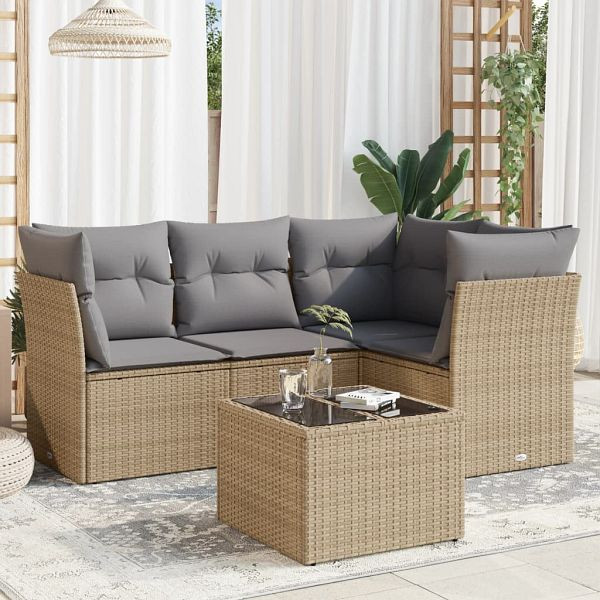 vidaXL 5-tlg. Garten-Sofagarnitur mit Kissen Beige Poly Rattan, 3217589