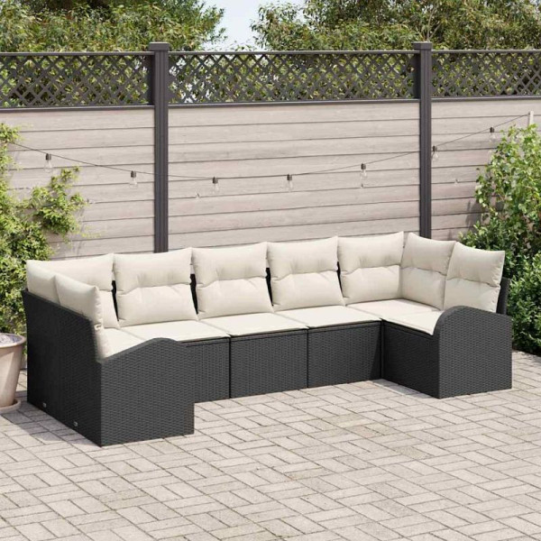vidaXL Garten-Sofa-Set mit Kissen, 7er Set, Schwarz und Weiß Poly Rattan, 3354856