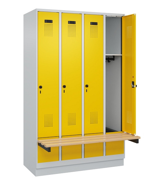 C+P Spind Evolo PLUS, 4 Abteile, 1950x1200x815mm, 7035/1023, Drehriegel, Sitzfläche Holz, Sitzbank auskragend Sockel, 049040-40 S10001