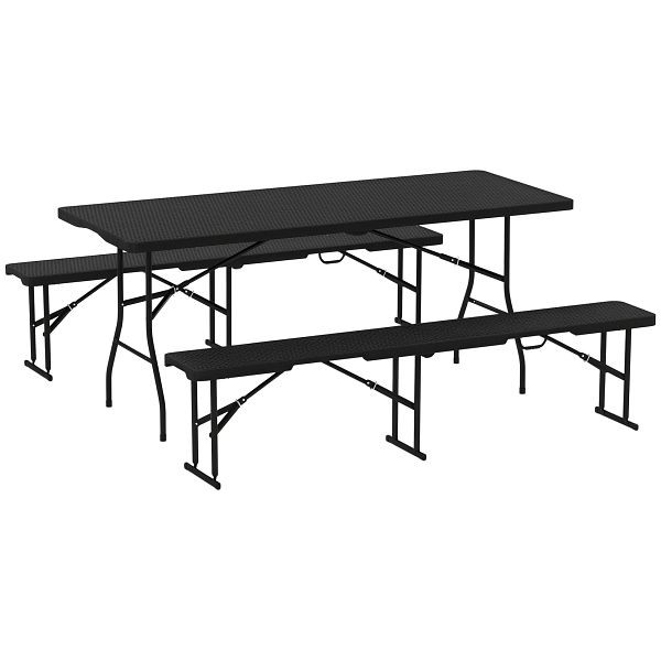 Outsunny Picknicktisch und Bänke, 3-teiliges Set, faltbar, Kunststoff, Metall, Schwarz, A20-470V00BK