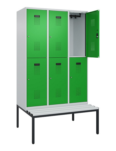 C+P Doppelstock-Spind Evolo PLUS, Bank, 6 Fächer, 2120x1200x815mm, 7035/6037, Zylinderschloss, Sitzfläche Kunststoff, Sitzbank, 0493507-32 S10119