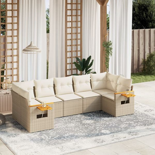 vidaXL 7-teilig Garten-Sofagarnitur mit Kissen Beige Poly Rattan, 3259510