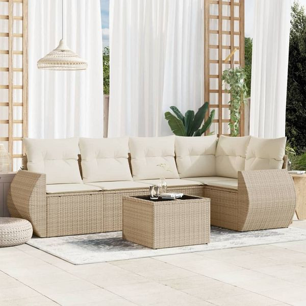 vidaXL 6-teilig Garten-Sofagarnitur mit Kissen Beige Poly Rattan, 3221337