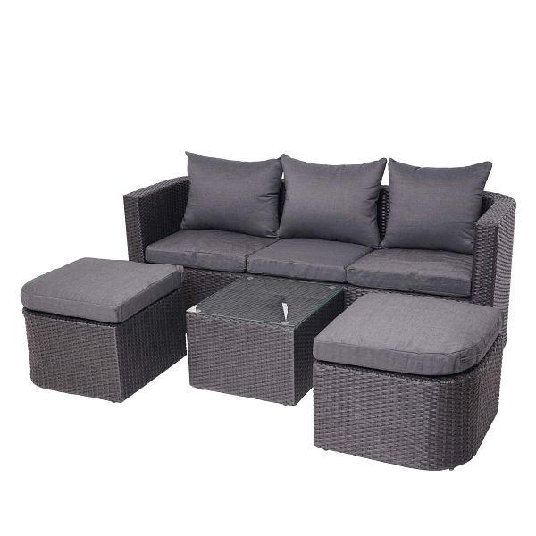 Mendler 3in1-Garnitur HWC-J37, Garten-/Lounge-Set Sonneninsel, Spun Poly halbrundes Poly-Rattan, anthrazit, Kissen dunkelgrau, 77282