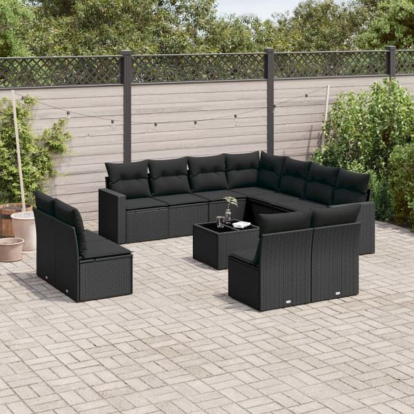 vidaXL 12-teilig Garten-Sofagarnitur mit Kissen Schwarz Poly Rattan, 3219125