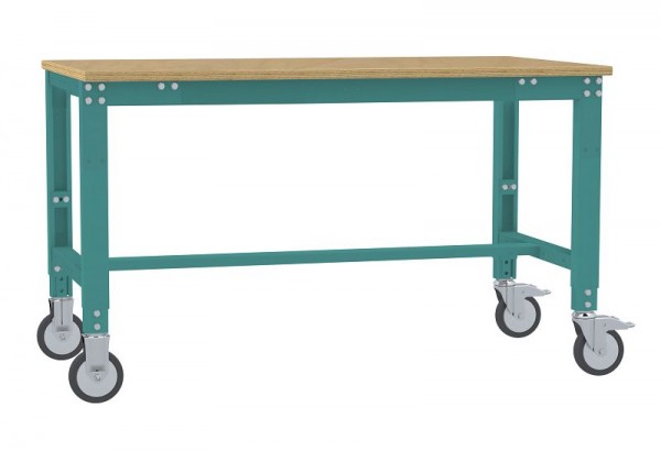 Manuflex Arbeitstisch UNIVERSAL Spezial mobil mit Multiplexplatte, BxTxH = 1250 x 600 x 752-972 mm, Wasserblau, AU7325.5021