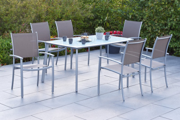 Merxx Milano Set 7-teilig, 6 Milano Stapelsessel, taupe, 1 Tisch 150 x 90 cm, Alumiuniumgestell mit Textilbespannung, 50884-325