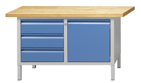 ANKE Werkbänke Kastenwerkbank; 1500x700x850 mm; RAL 7035/5012; Kunststoffschichtplatte 50 mm; Links 3 Schubladen 170 mm; Rechts 1 Tür 510 mm, 510.019