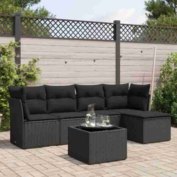 vidaXL 6-tlg. Garten-Sofagarnitur mit Kissen Schwarz Poly Rattan, UV-beständig, 3249404