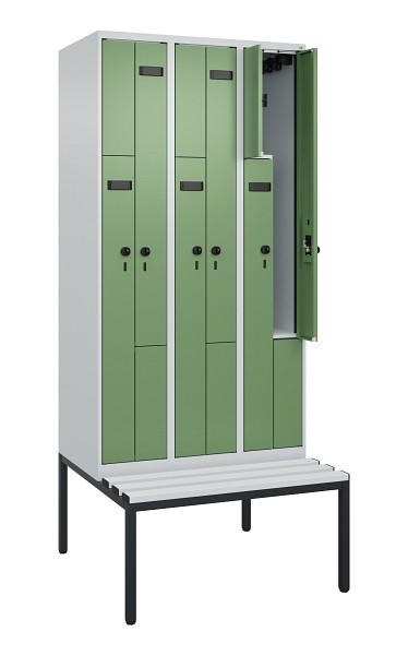 C+P Z-Spind Evolo PLUS, 6 Fächer, 2120x900x815mm, 7035/6011, Drehriegel, Sitzfläche Kunststoff, Sitzbank, 0490537-306 S10064