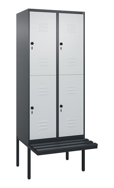 C+P Doppelstöckiger Spind Classic PLUS, 2 Abteile, 2120x800x815mm, 7016/7035, Drehriegel, mit Untergestell und schwebender Sitzfläche, 0803407-22 S10118