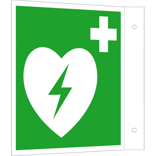 Stein HGS Rettungsschild als Fahnenschild, Defibrillator, 200 x 200 mm, Alu, beschichtet, 15.a3907