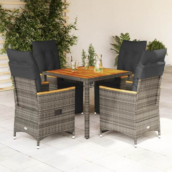 vidaXL 5-tlg. Garten-Bistro-Set mit Kissen Grau Poly Rattan, UV-beständig, 3276968