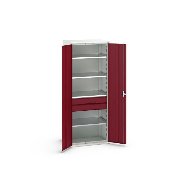 bott verso Flügeltürschrank mit Schubladen, mit 4 Fachböden und 2 Schubladen, BxTxH: 800 x 550 x 2000 mm, Lichtgrau / Purpurrot, 16926455.24