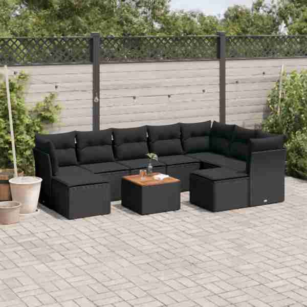 vidaXL 10-tlg. Garten-Sofagarnitur mit Kissen Schwarz Poly Rattan, UV-beständig, 3223962