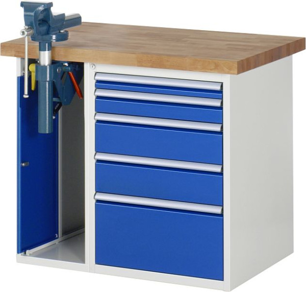RAU Werkbank Serie 7000 - Baukasten-Bauweise, 5 x Schublade, 1 x Schraubstockschrank, 1000x840x700 mm, 03-7511A2-107B4S.11