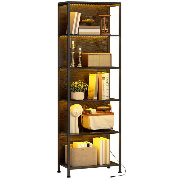 HOMCOM Bücherregal mit 5 Ebenen Standregal mit LED-Beleuchtung, 7 Lichtfarben, für Wohnzimmer, 60 x 30 x 179 cm Schwarz, 836-680V00BK