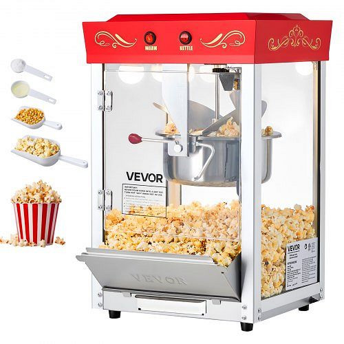 VEVOR Popcornmaschine mit Edelstahlkessel, 800 W, 48 Tassen pro Ladung, Kinostil, mit 2-Tasten-Bedienung, Glaswand, Rot, TSBMHJHS8OZW7CM90001V2