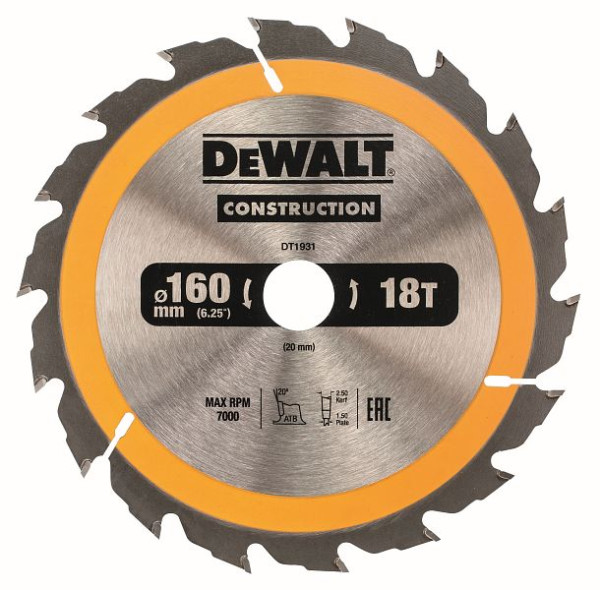 DeWalt Kreissägeblatt Handkreissäge 160/20mm 18WZ, DT1931-QZ