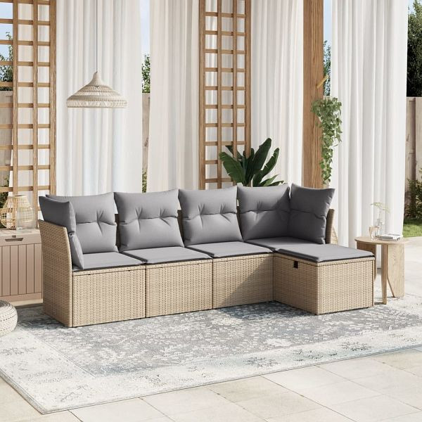 vidaXL 5-teilig Garten-Sofagarnitur mit Kissen Beige Poly Rattan, 3263135