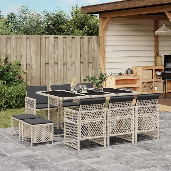 vidaXL 11-tlg. Garten-Essgruppe mit Kissen Hellgrau Poly Rattan, 3210791