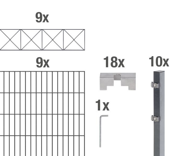 Alberts Doppelstab-Gittermattenset 2 m mit Dekorelement Design Nexus, Stahl, verzinkt anthrazit RAL 7016, Zaunmaße: 18 m x 1000 mm, 668266