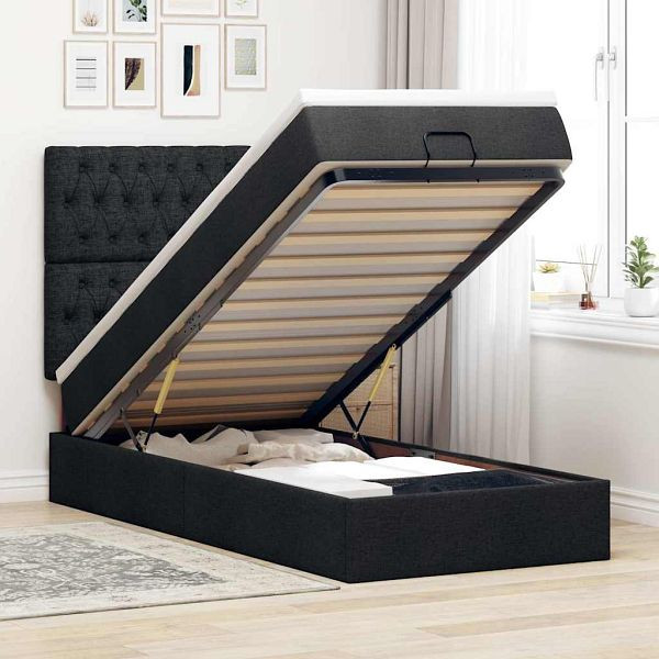vidaXL Ottoman-Bett mit Matratze & LEDs Schwarz 90x190 cm Stoff, 3314053