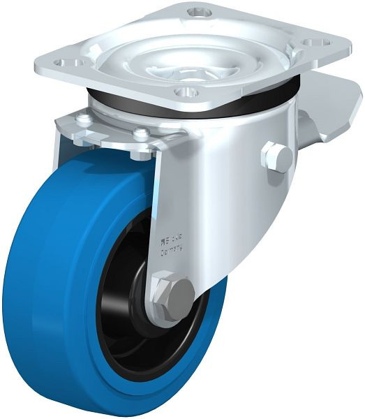 Blickle LK-POEV 100XR-1-ST-SB Stahlblech-Lenkrolle, schwere Ausführung, mit Anschraubplatte & Feststeller, Elastik-Vollgummi, Blau, 850931