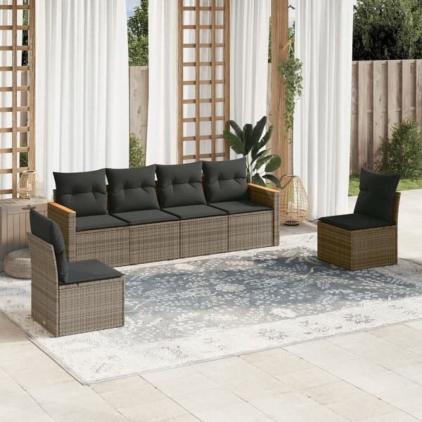 vidaXL 6-teilig Garten-Sofagarnitur mit Kissen Grau Poly Rattan, 3225864