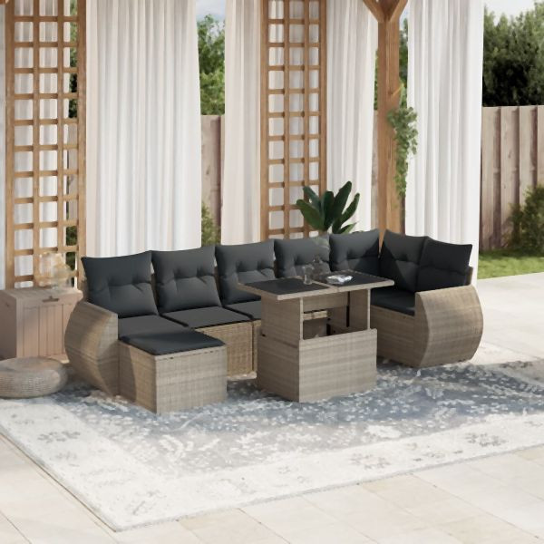 vidaXL 8-tlg. Garten-Sofagarnitur mit Kissen Hellgrau Poly Rattan, 3268692