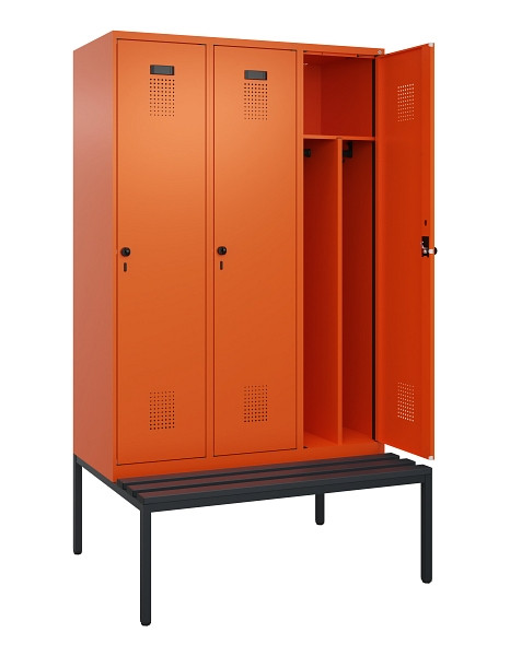 C+P Spind Evolo PLUS, 3 Abteile, 2120x1200x815mm, 2004/2004, Haken 4, Drehriegel, Sitzfläche Kunststoff, Sitzbank, Trennwand, 0490507-32F S10077