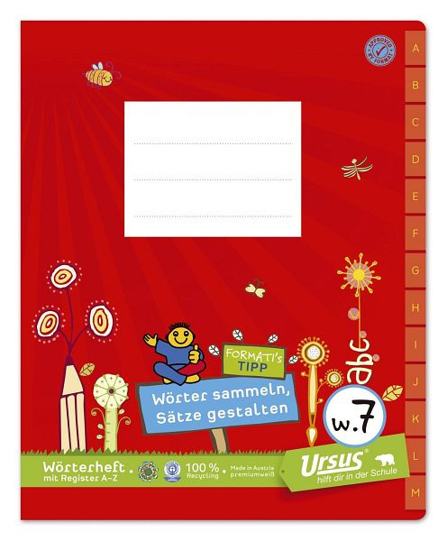 URSUS Formati Wörterheft Register Quart W.7 - 40 Blatt 80g/qm 10mm liniert+1 MST, 061551057