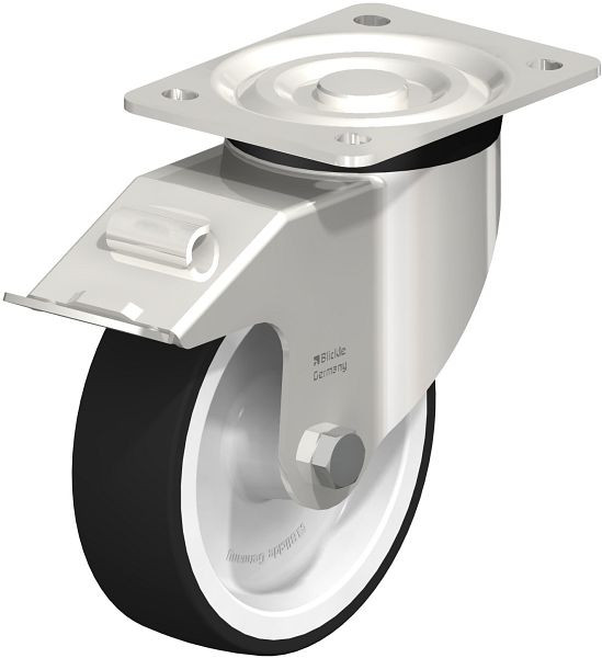 Blickle LX-POTH 150G-FI Edelstahl-Lenkrolle, mittelschwere Ausführung, mit Anschraubplatte & Feststeller, Thermoplastisches Polyurethan, Grau, 66126