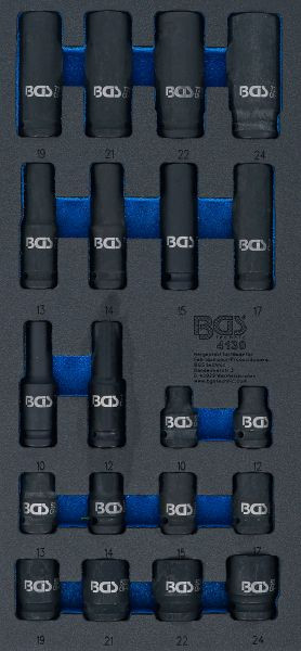 BGS Werkstattwageneinlage 1/3: Kraft-Steckschlüssel-Einsätze Sechskant, 12,5 mm (1/2"), 10 - 24 mm, 20-teilig, 4130
