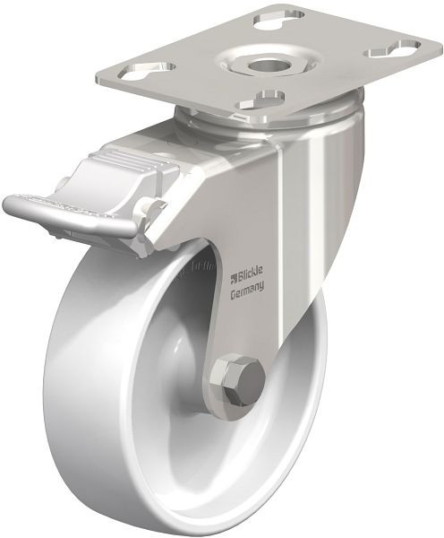 Blickle LKPXA-PO 101G-FI Edelstahl-Apparate-Lenkrolle mit Anschraubplatte & Feststeller, Polyamid, Weiß, 758413