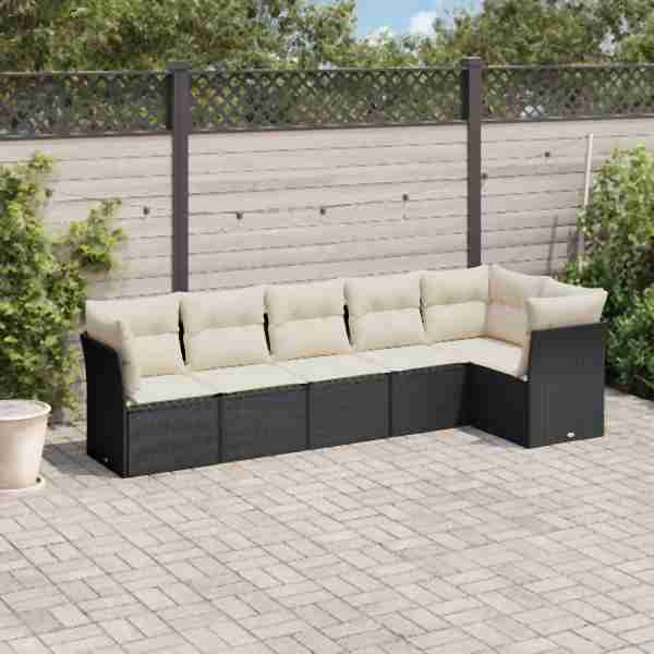 vidaXL 6-tlg. Garten-Sofagarnitur mit Kissen Schwarz Poly Rattan, UV-beständig, 3217656