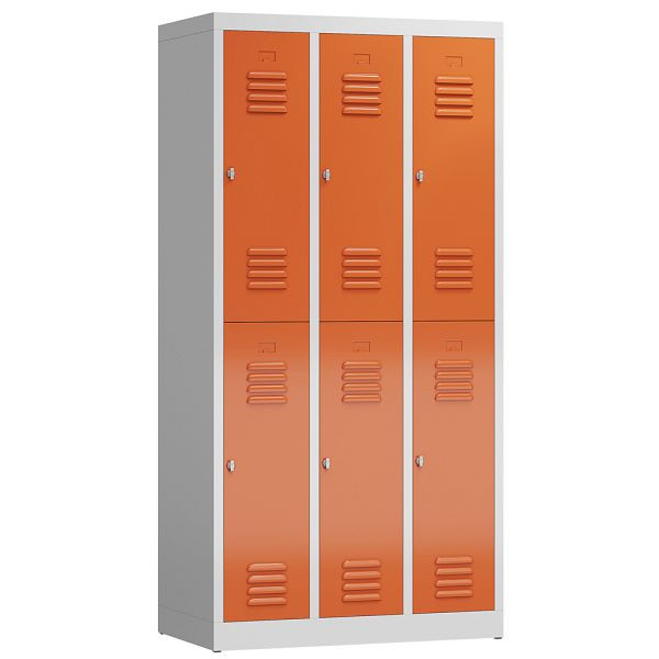 Lüllmann ClassiX Garderobenschrank, 3 Abteile doppelstöckig, 1800 x 870 x 500 mm, lichtgrau/feuerrot, X-520234