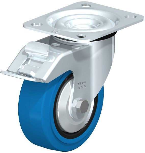 Blickle LE-POEV 100K-FI-SB-FA Stahlblech-Lenkrolle mit Anschraubplatte & Feststeller, Elastik-Vollgummi, Blau, 696260