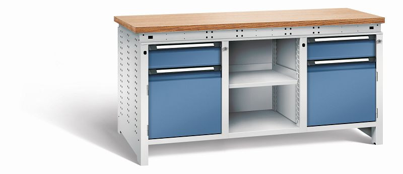 Otto Kind Werkbank Serie function Typ 308, Multiplexplatte 40 mm, bündig, 2x Unterbau + mittleres Feld, Gehäuse RAL 7035, Front RAL 5023, 072363164