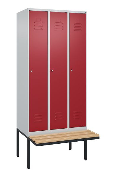C+P Umkleidespind Classic PLUS, 3 Abteile, 2120x900x815mm, 7035/3003, Zylinderschlösser, Buche-Sitzleisten, je 2 Doppel-Haken, 0800407-30F S10046